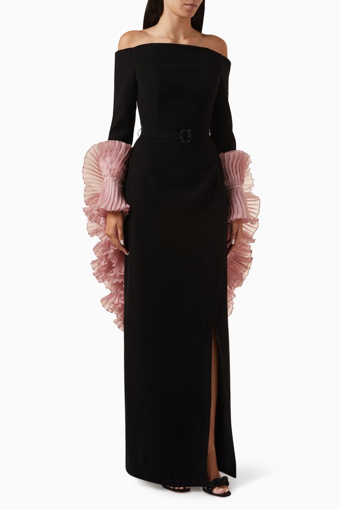 

Cyclamen Embellished Ruffle Dress in Stretch Crepe, Black