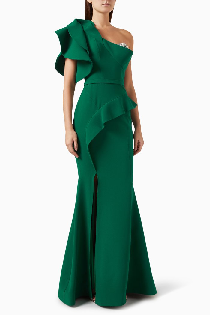 

Crystal Embellished One-shoulder Dress, Green