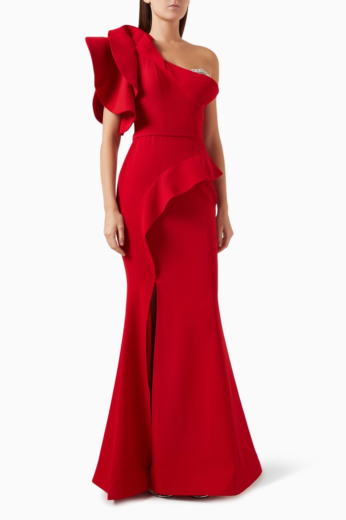 

Crystal Embellished One-shoulder Dress, Red