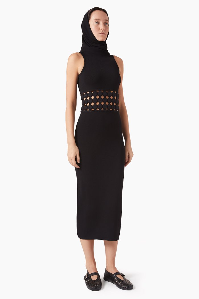 

3D Perforated Hooded Dress in Viscose-knit, Black