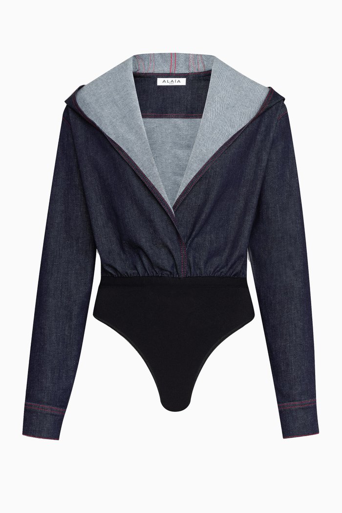 

Hooded Shirt Bodysuit in Stretch Raw Denim, Blue