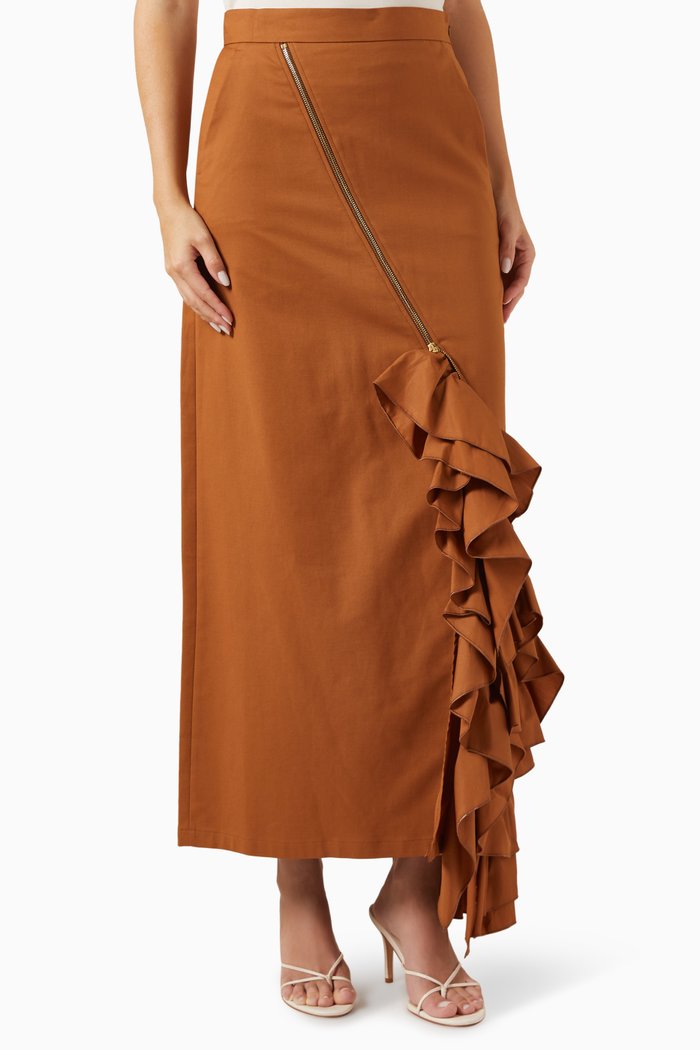 

Ruffled Maxi Skirt in Cotton & Silk Gabardine, Brown