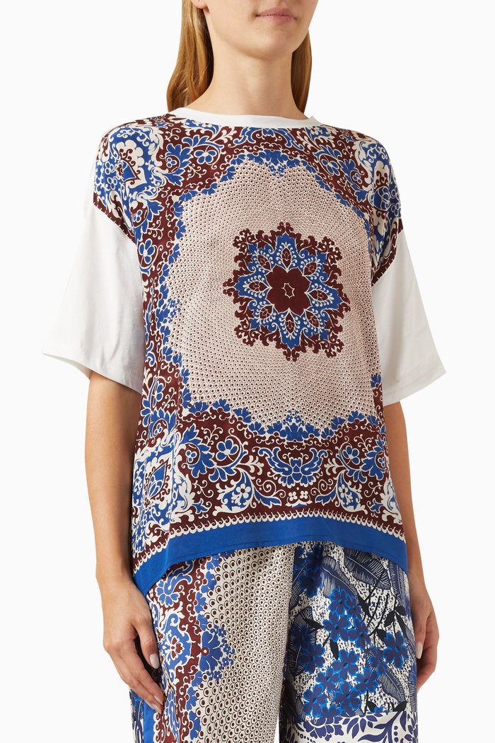 Malaga Printed T-shirt in Cotton & Silk, Blue