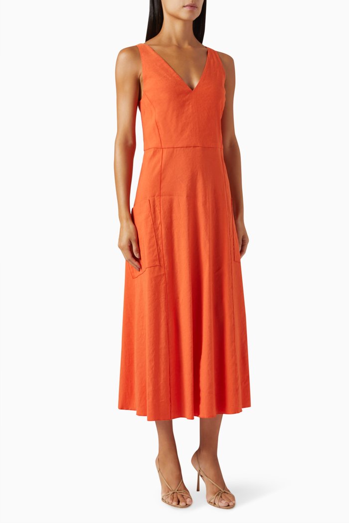 

Relaxed V-Neck Pocket Midi Dress in Linen-blend, Orange