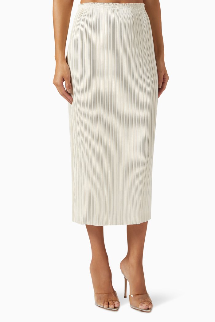 

Pleated Midi Skirt in Satin, Neutral