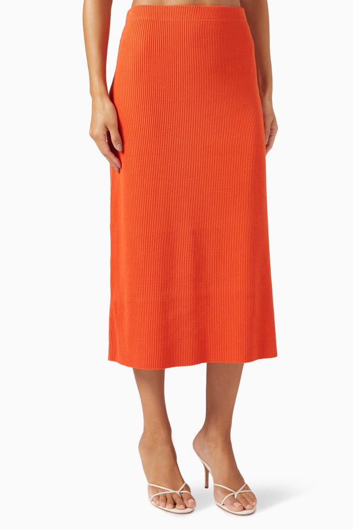 Ribbed Midi Skirt in Cotton-blend, Orange