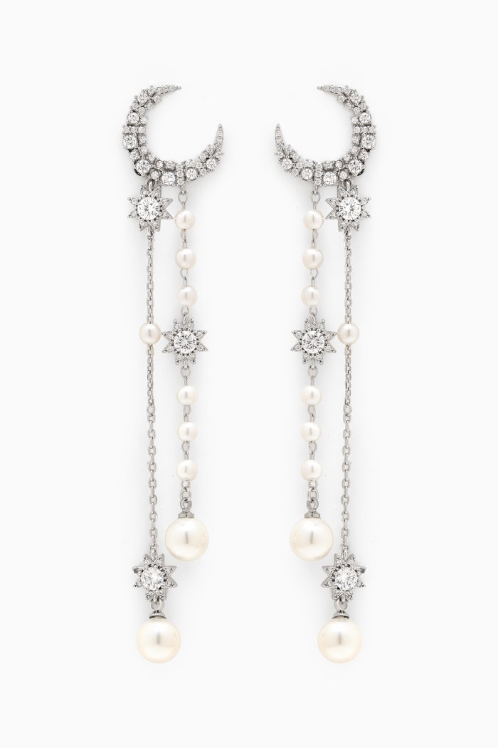 

Zaina Pearl Dangle Earrings in Rhodium Plated Metal, Silver