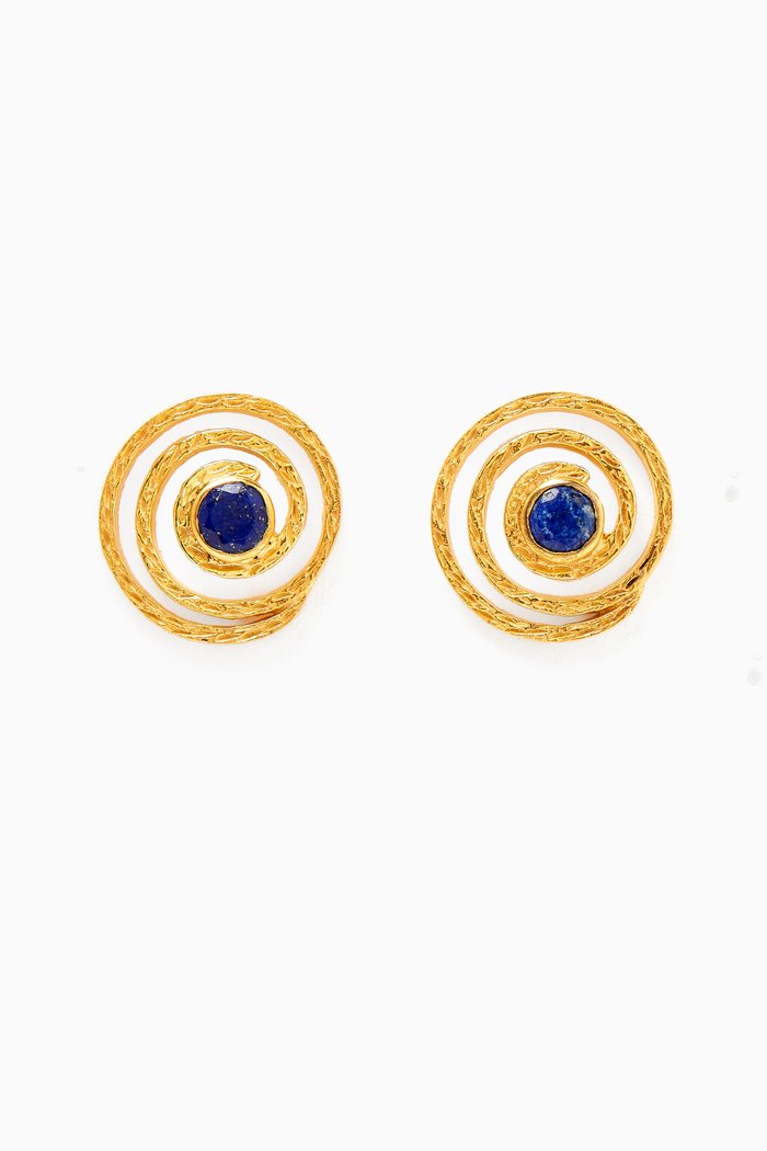 

Hammered Spiral Stone Stud Earrings in 18kt Gold-plated Bronze, Blue