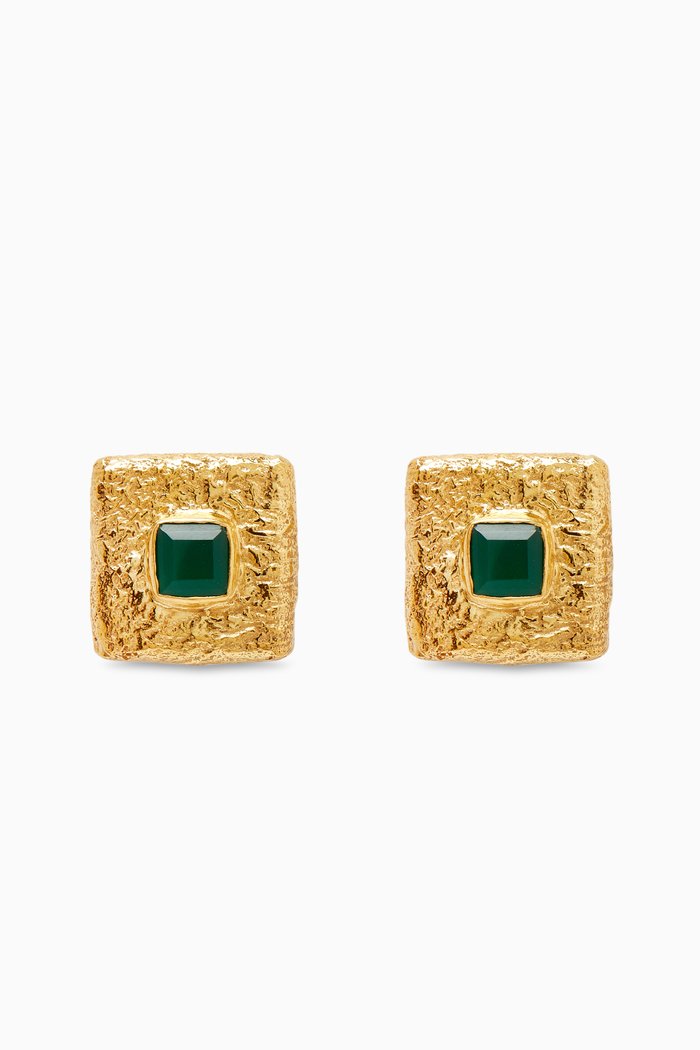 

Vintage Stone Square Stud Earrings in 18kt Gold-plated Bronze, Green