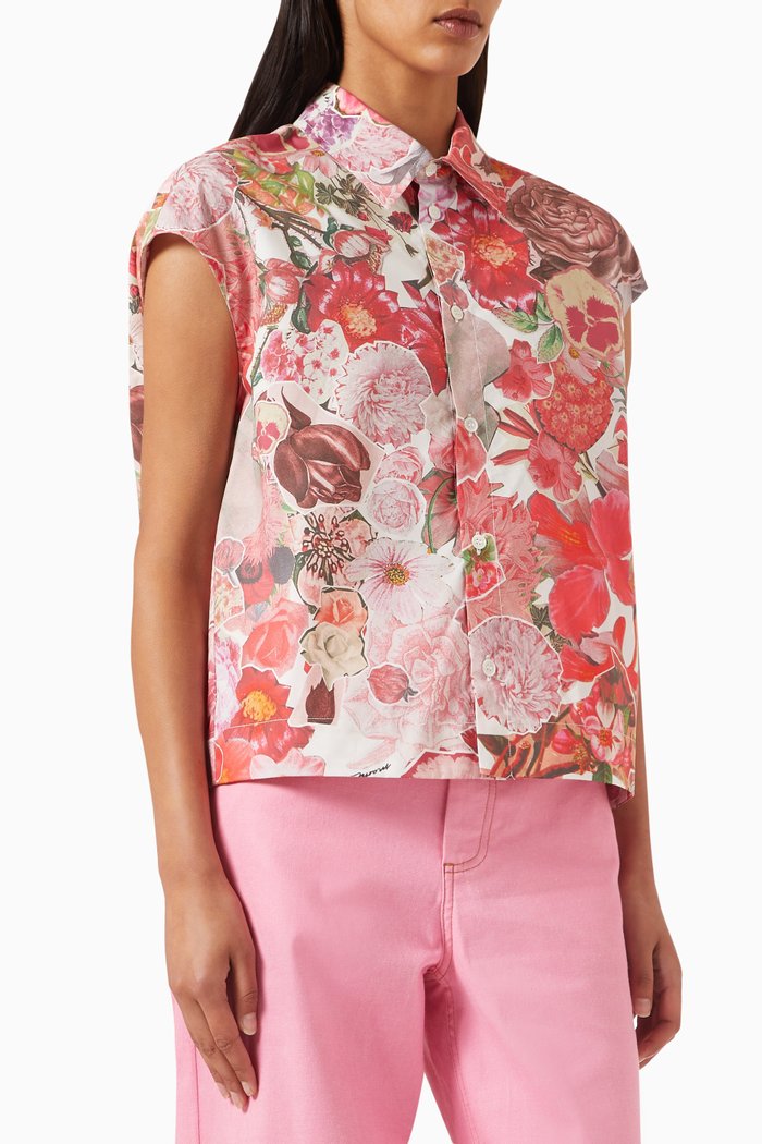

Floral-print Cap-sleeve Shirt in Cotton-poplin, Pink
