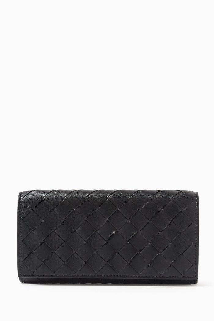

Large Flap Wallet in Intrecciato Leather, Black