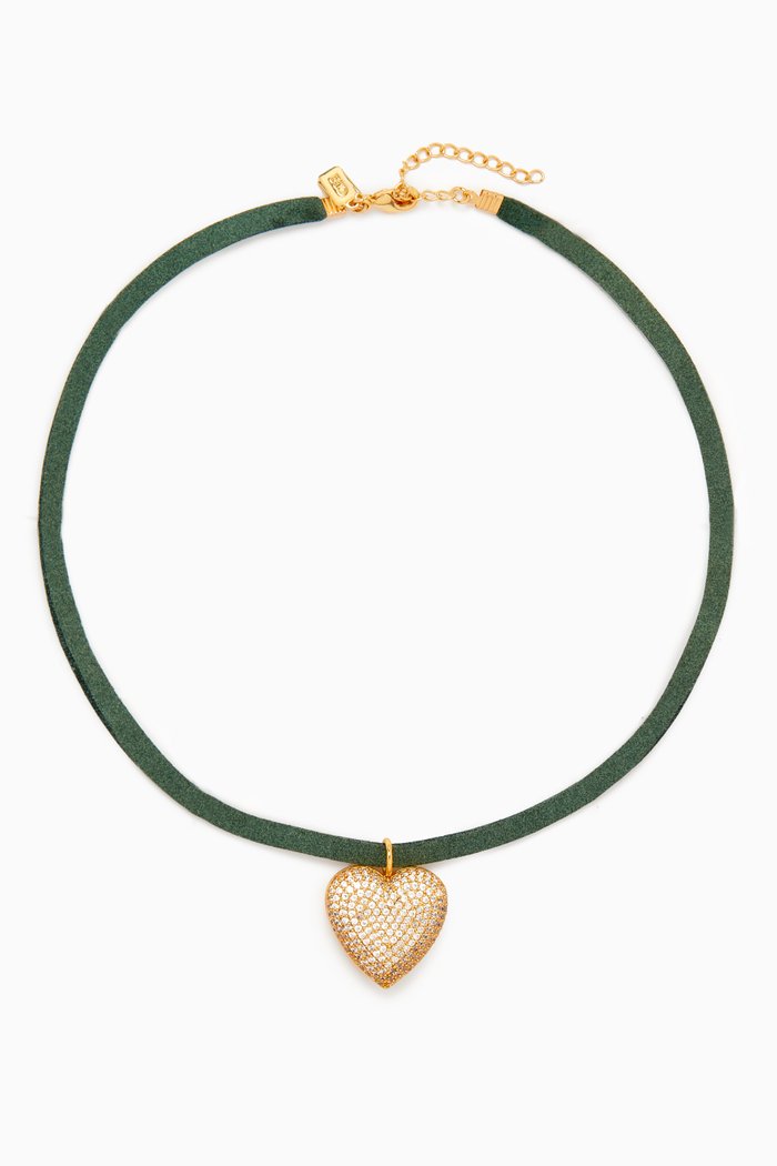 

Queen of Hearts Necklace in 18kt Gold-plated Brass & Velvet, Green