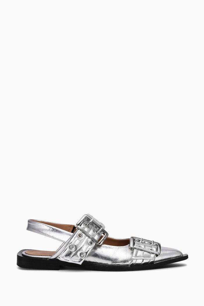 

Feminine Buckle Ballerinas in Metallic Faux Leather, Silver
