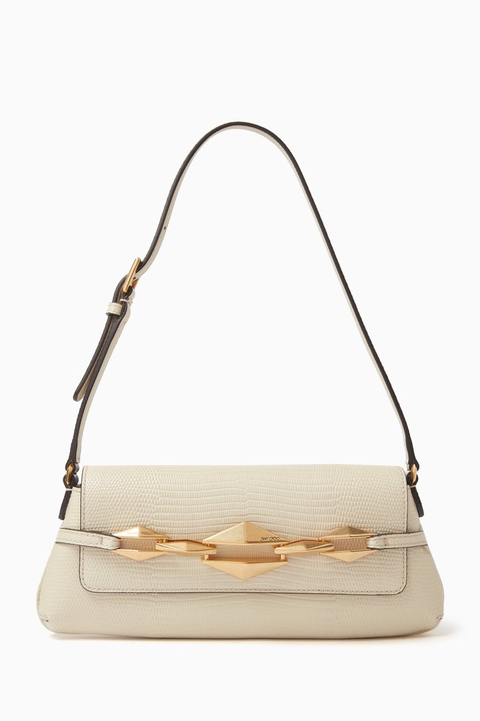 Diamond Shoulder Bag in Lizard-embossed Leather, White