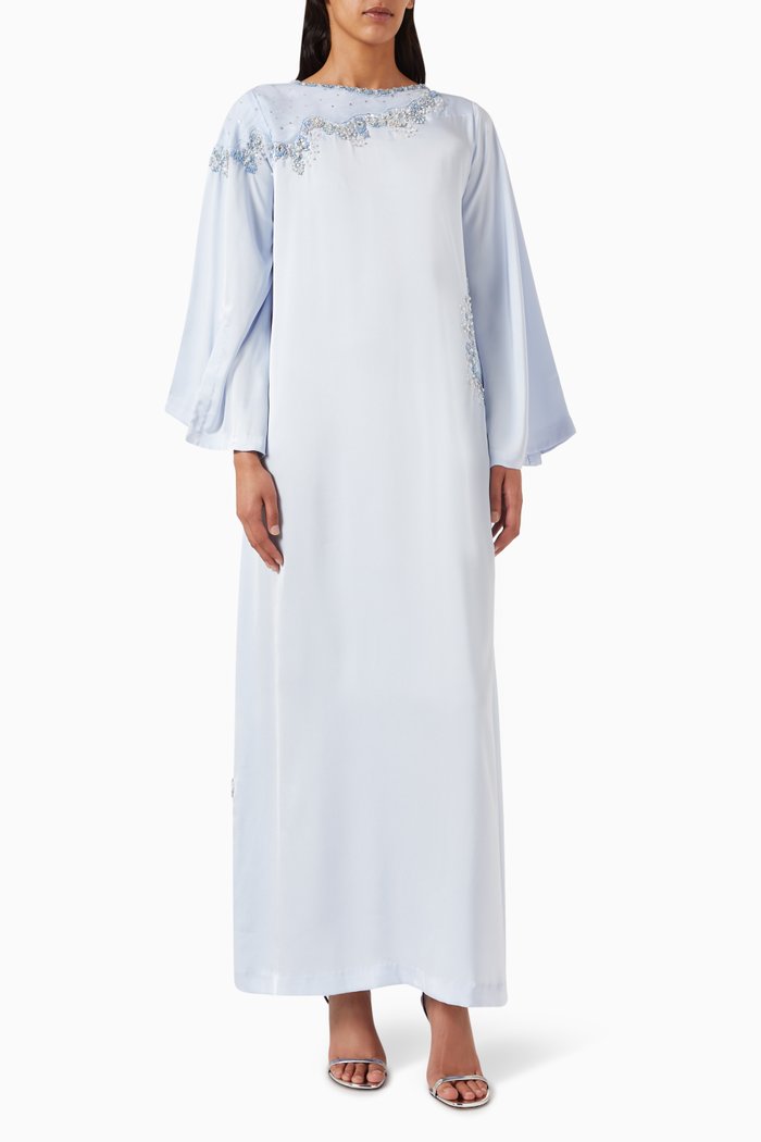 

Floral Bead-embellished Kaftan in Crepe, Blue