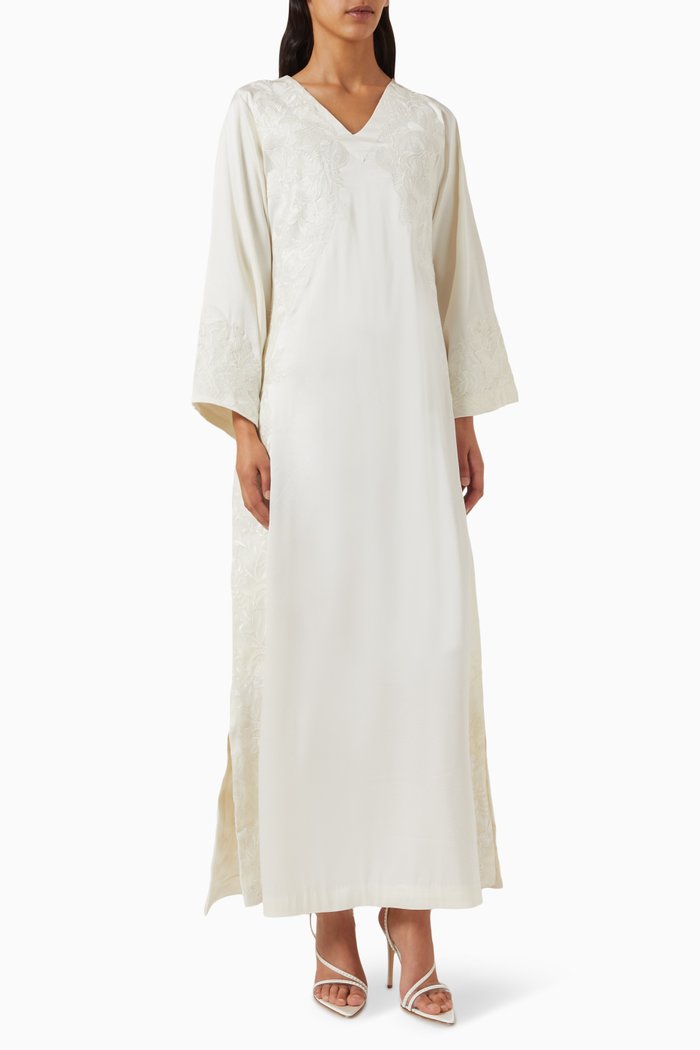 

Floral-embroidered Kaftan in Crepe, Neutral
