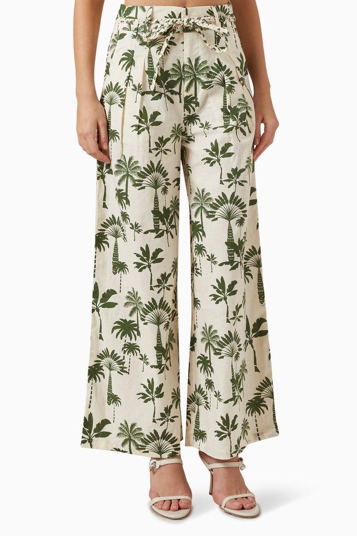 

Rhea Palm-print Pants in Cotton-linen, Green