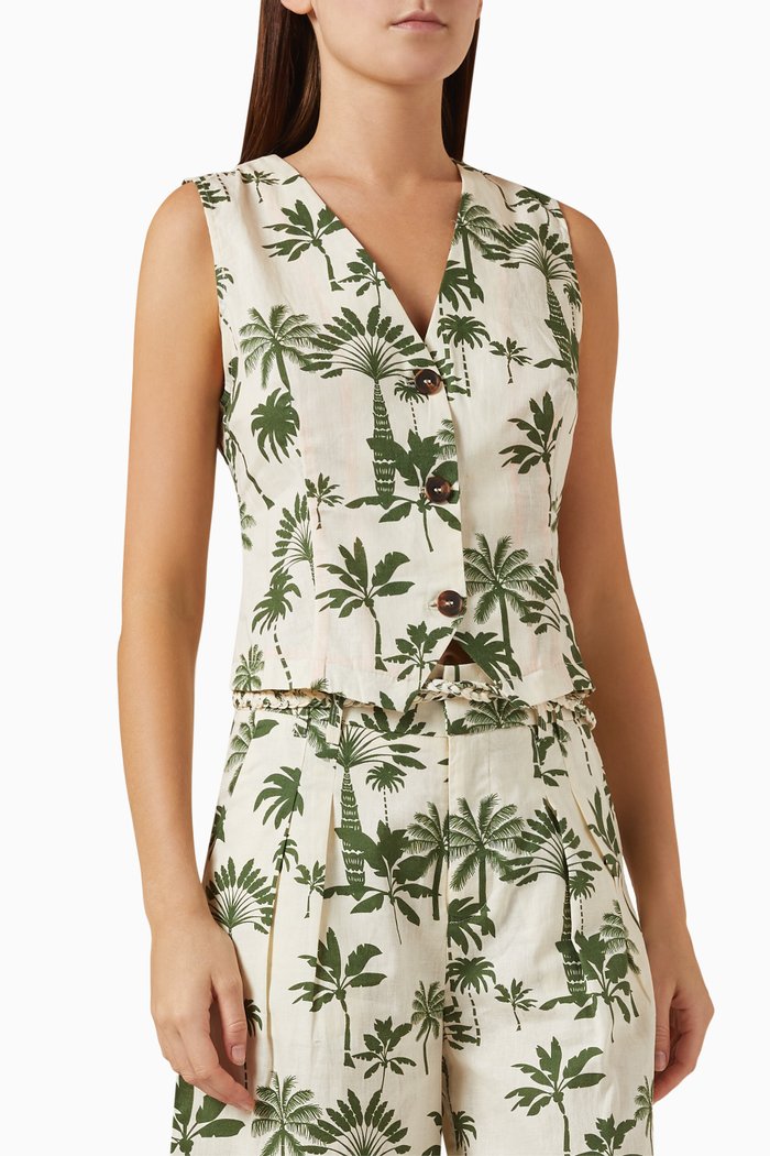 Rico Palm-print Waistcoat in Cotton-linen, Green
