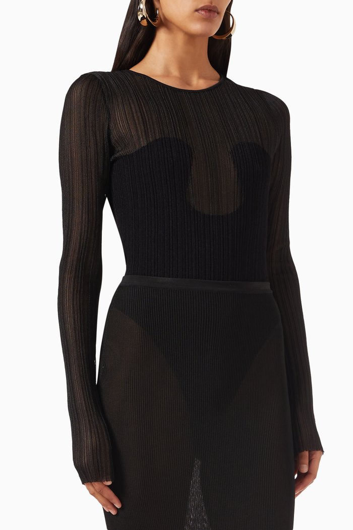 

Semi-sheer Ribbed Bodysuit in Plissé, Black