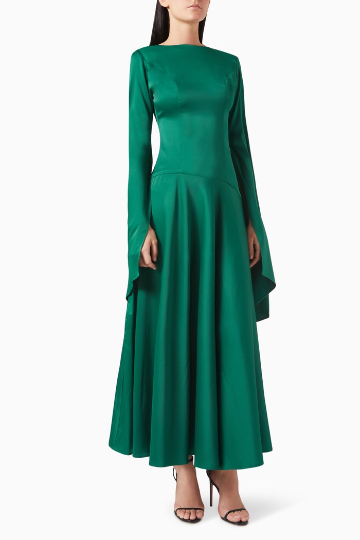 

Elongated Long-sleeves Maxi Dress in Crepe Satin, Green
