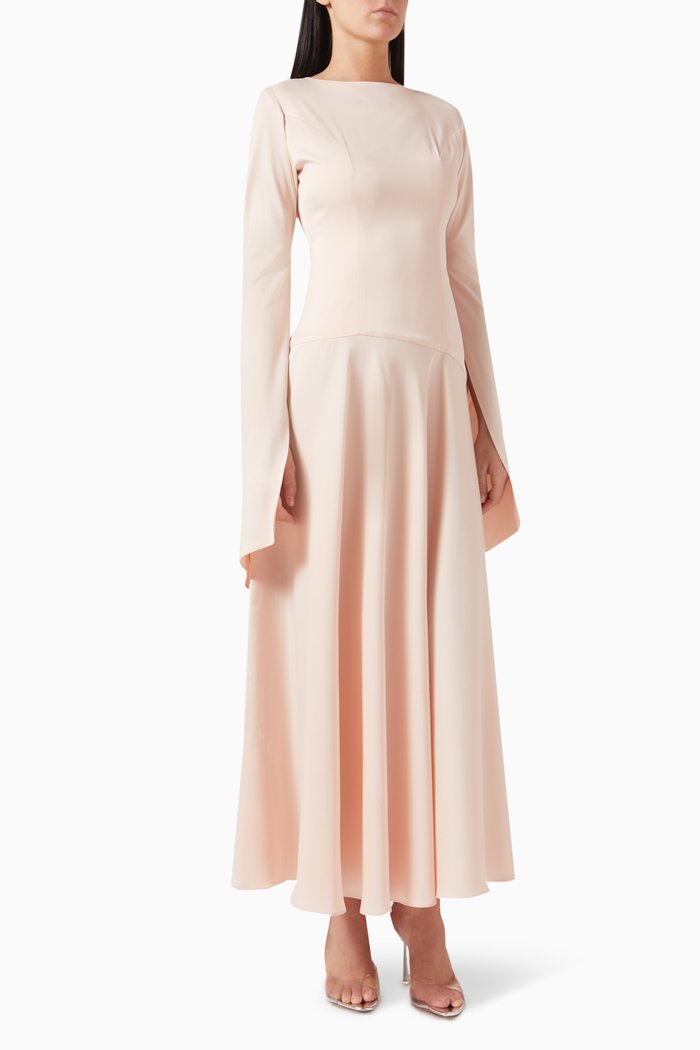 

Elongated Long-sleeves Maxi Dress in Crepe Satin, Pink