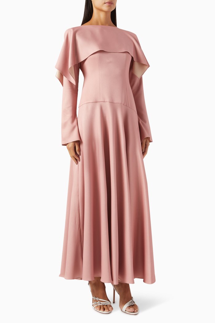 

Draped Collar Maxi Dress in Crepe-satin, Pink