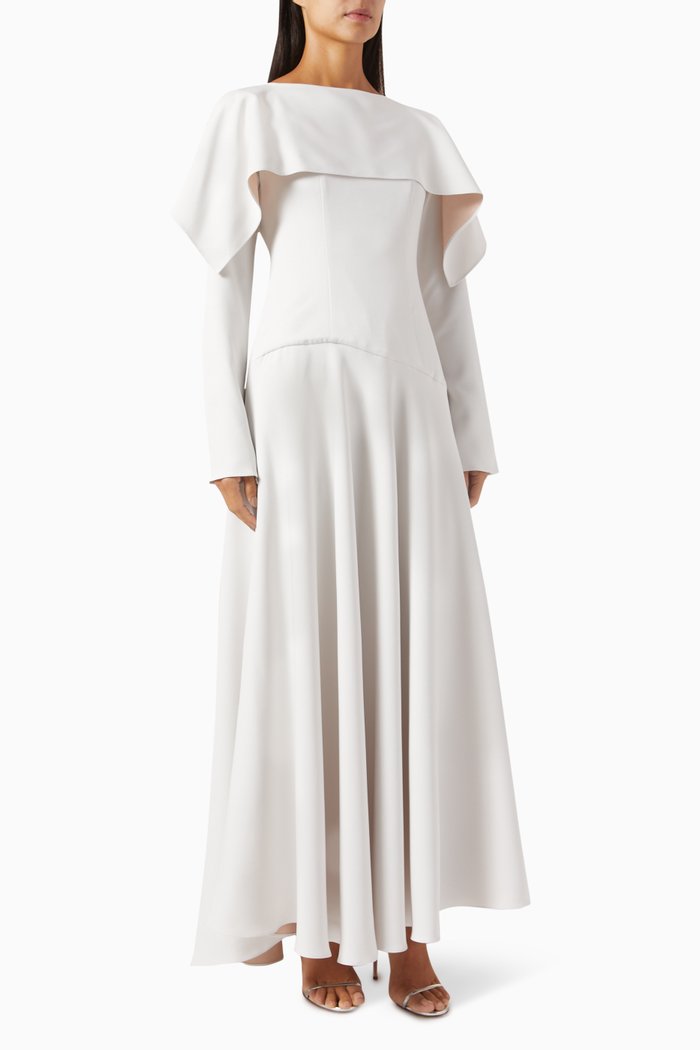 

Draped Collar Maxi Dress in Crepe-satin, White