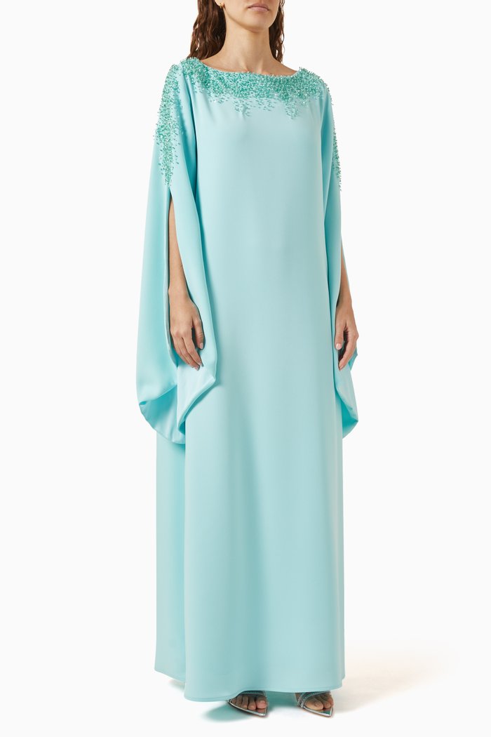 

Embellished Slit-sleeve Kaftan in Crepe, Blue