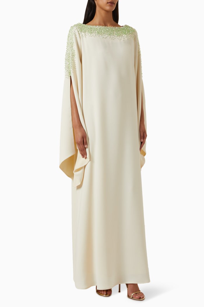 

Embellished Slit-sleeve Kaftan in Crepe, Neutral
