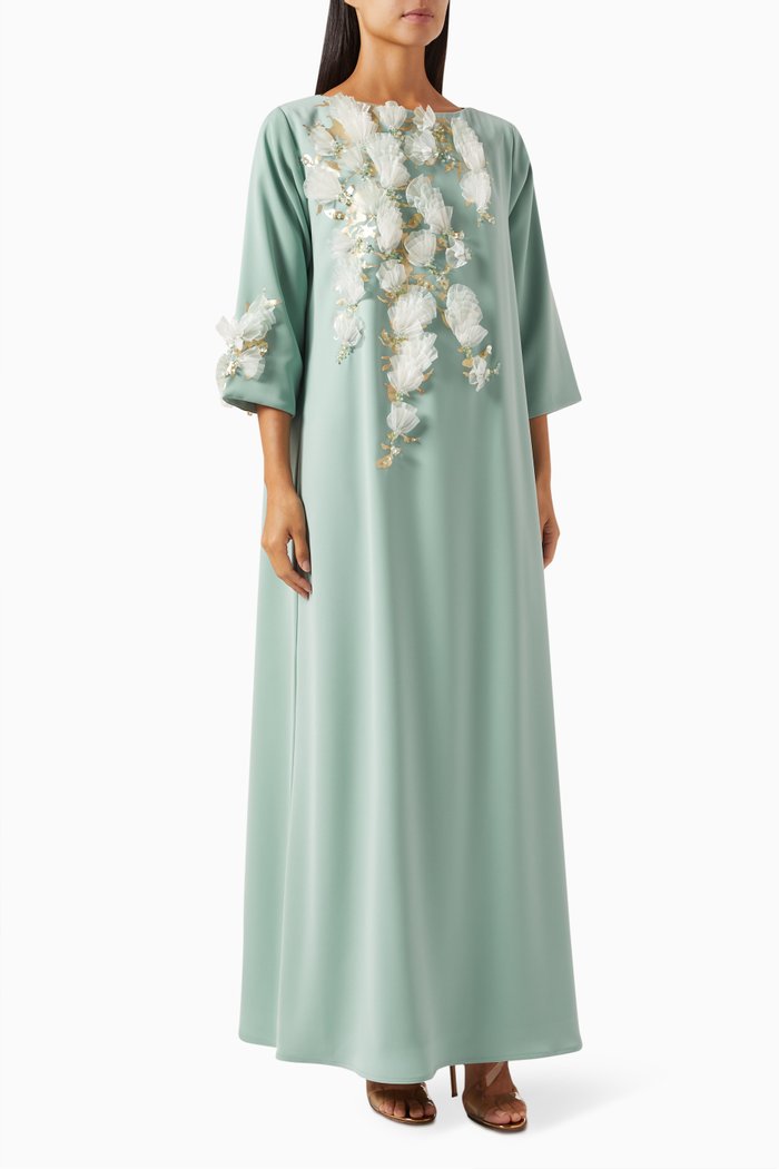 

3D Bead-embellished Kaftan in Crepe, Green
