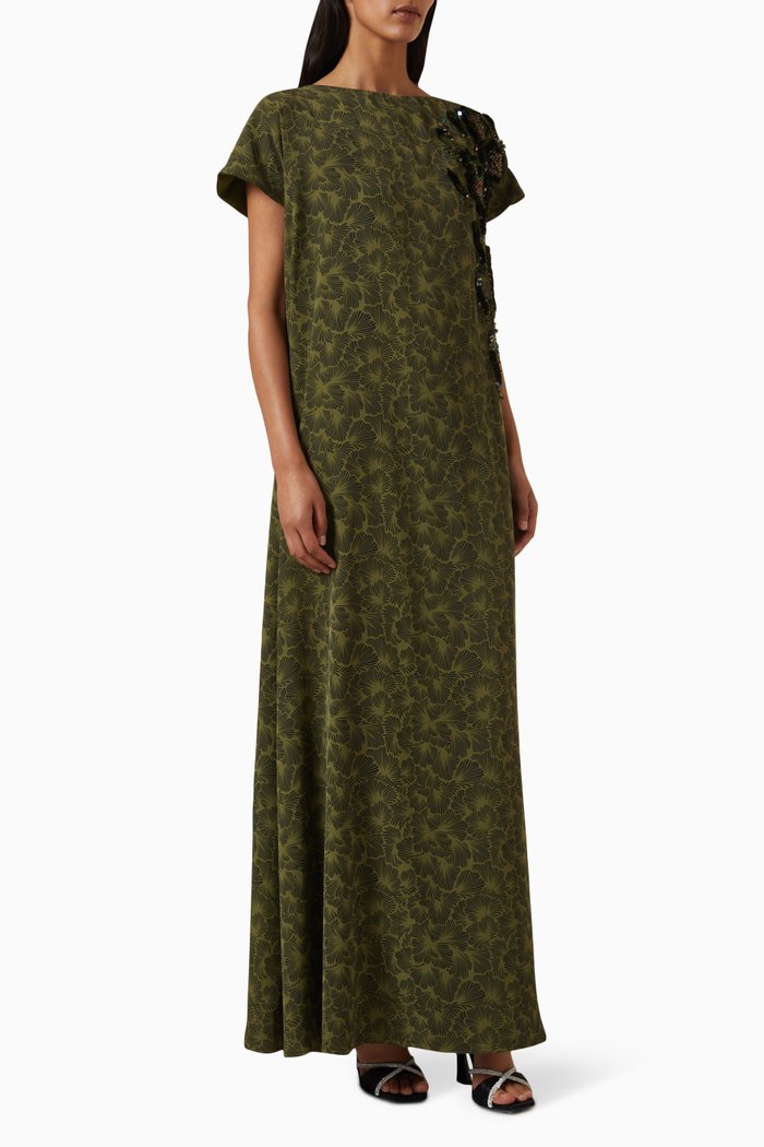 

Embellished Kaftan in Crepe, Green