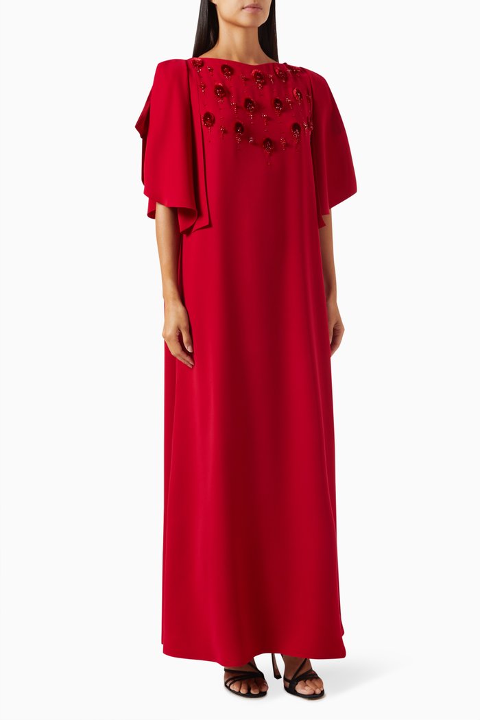 

Bead-embellished Kaftan in Crepe, Red
