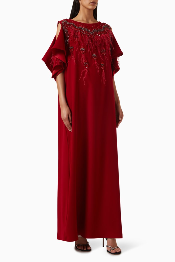 

Feather-trim Kaftan, Red
