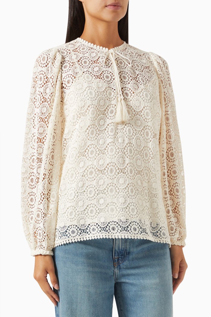 

Tassel Long-sleeve Top in Lace, Neutral