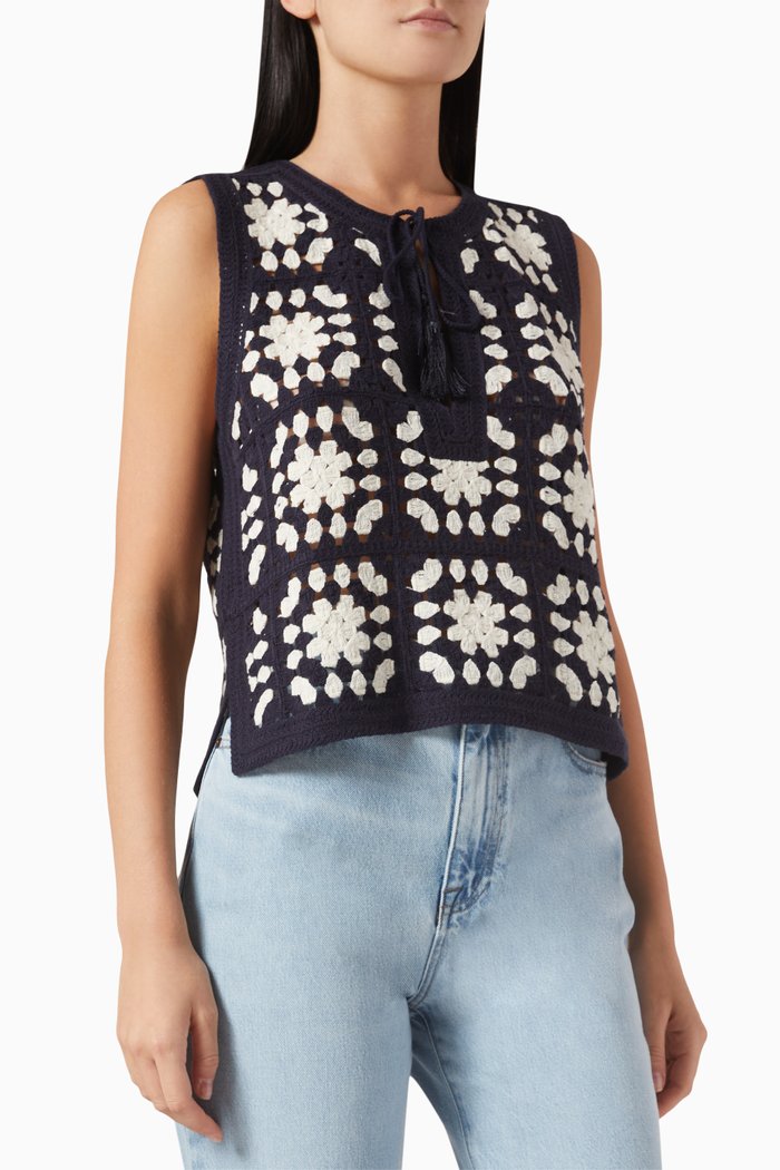 

Crochet Tassel Popover Top in Cotton-knit, Multicolour