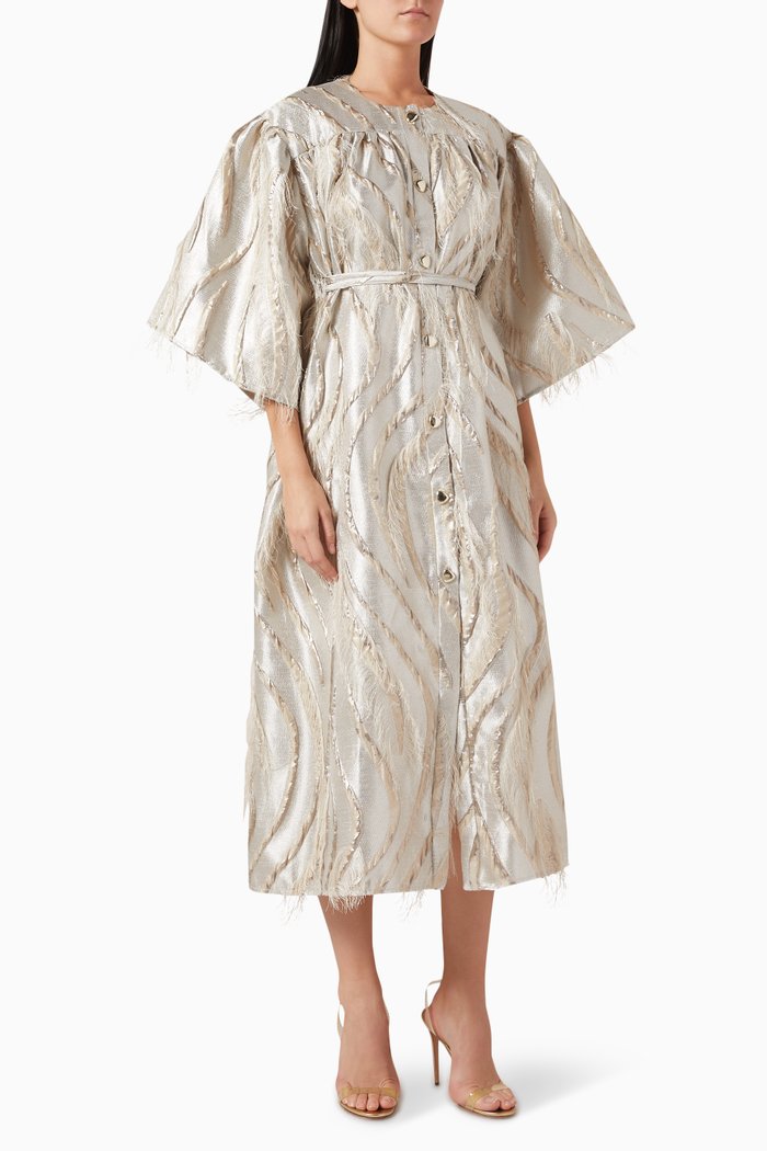 

Belted Cut-out Midi Dress in Jacquard, Neutral