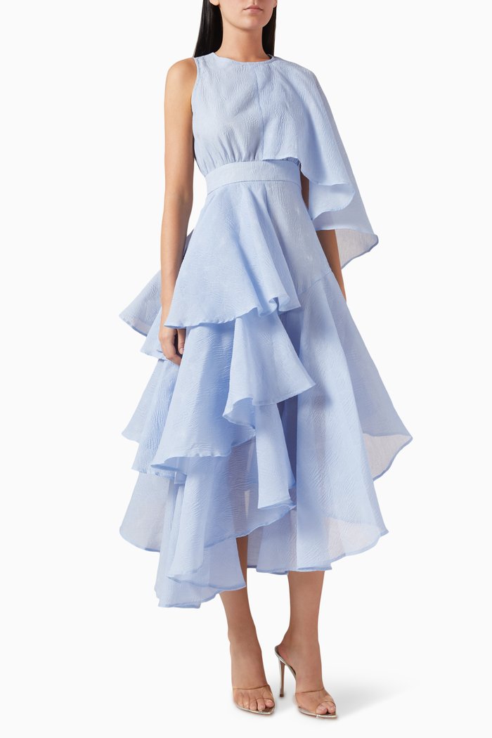 

Layered Ruffle Asymmetical Dress in Jacquard, Blue