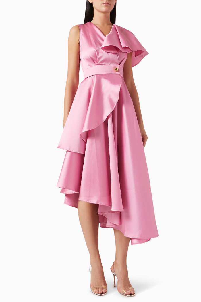 

Belted Asymmetrical Midi Dress, Pink