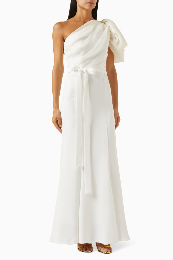 

One-shoulder Belted Maxi Dress in Crepe & Organza, Neutral