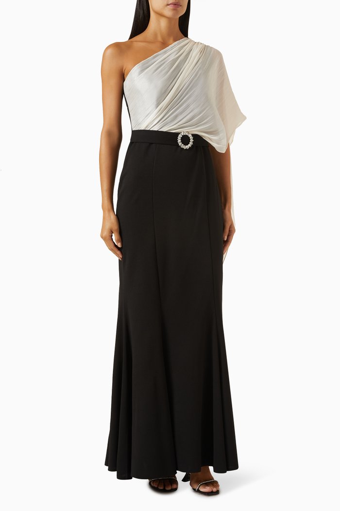 

One-shoulder Belted Maxi Dress in Crepe & Tissue Organza, Black
