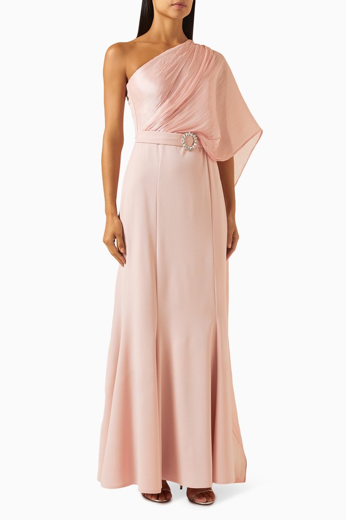 

One-shoulder Belted Maxi Dress in Crepe & Tissue Organza, Pink