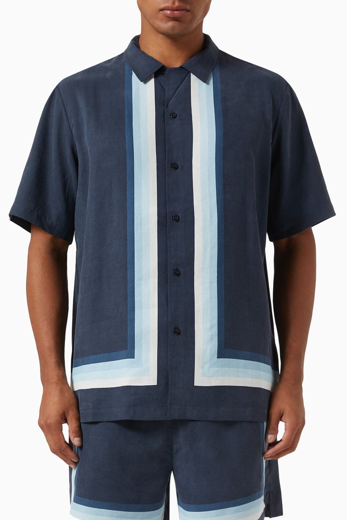 Border Stripe Thompson Shirt in Cupro & Linen, Blue