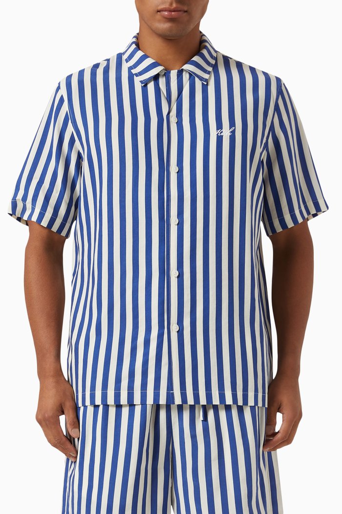

Striped Thompson Camp Collar Shirt in Cupro Linen, Blue