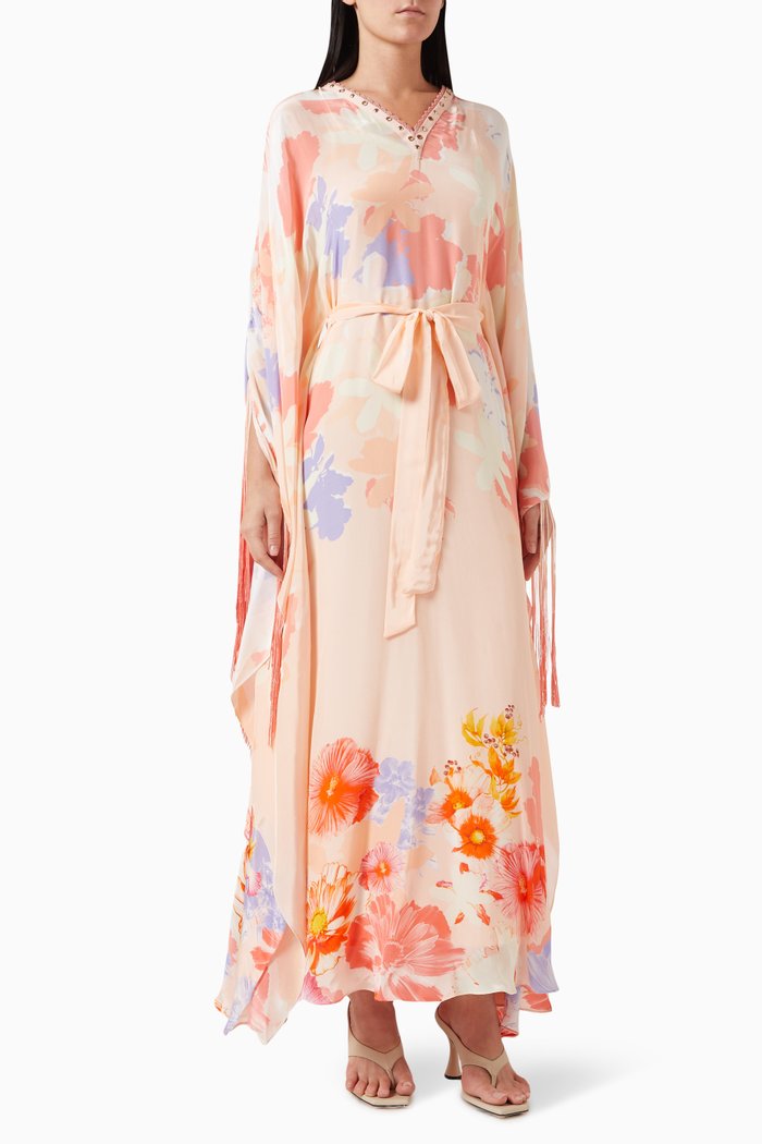 

Fringe-trim Belted Kaftan in Crepe, Orange