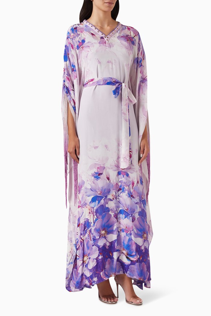 

Fringe-trim Belted Kaftan in Crepe, Purple