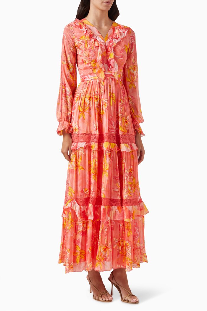 Printed V-neck Maxi Dress in Chiffon, Pink