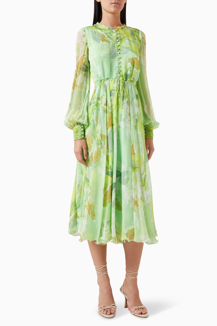 

Printed Midi Dress in Chiffon, Green