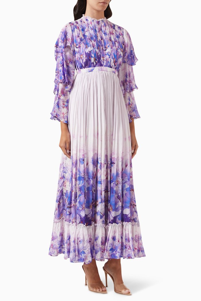 

Printed Frill Maxi Dress in Chiffon, Purple