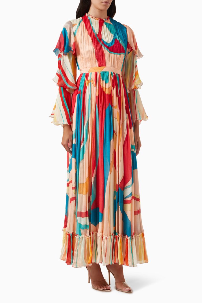 

Printed Frill Maxi Dress in Chiffon, Red