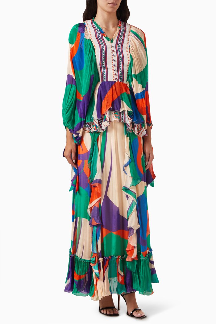 

Orchid Printed Cape Maxi Dress in Chiffon, Green
